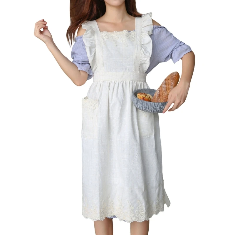 Adjustable Straps Ruffle Apron with Pockets Cotton Linen Lace Trim Pinafore Dress for Homemakers and Cooking Enthusiasts