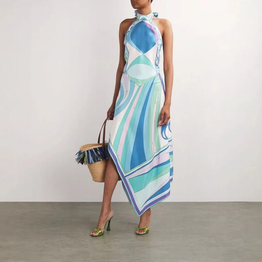 

Summer Sexy Print Skirt Two Piece Set Women Halter Neck Backless Tops Irregular Skirts 2 Piece Sets Casual Beach Vacation Style