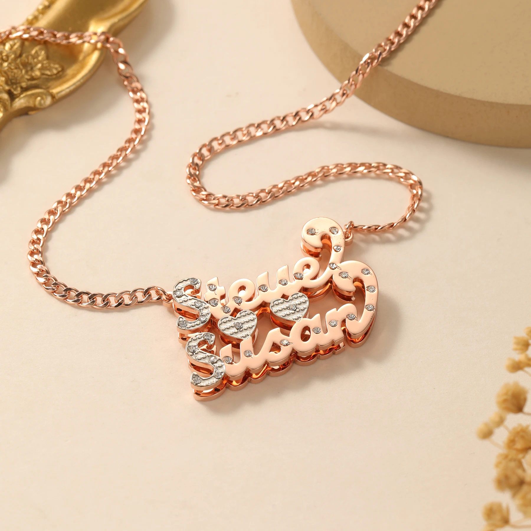 Double Name Double Layer Necklace Etched Rhinestone Pendant 18K Gold Plated Stainless Steel Rope Chain Personalized Gift for Her