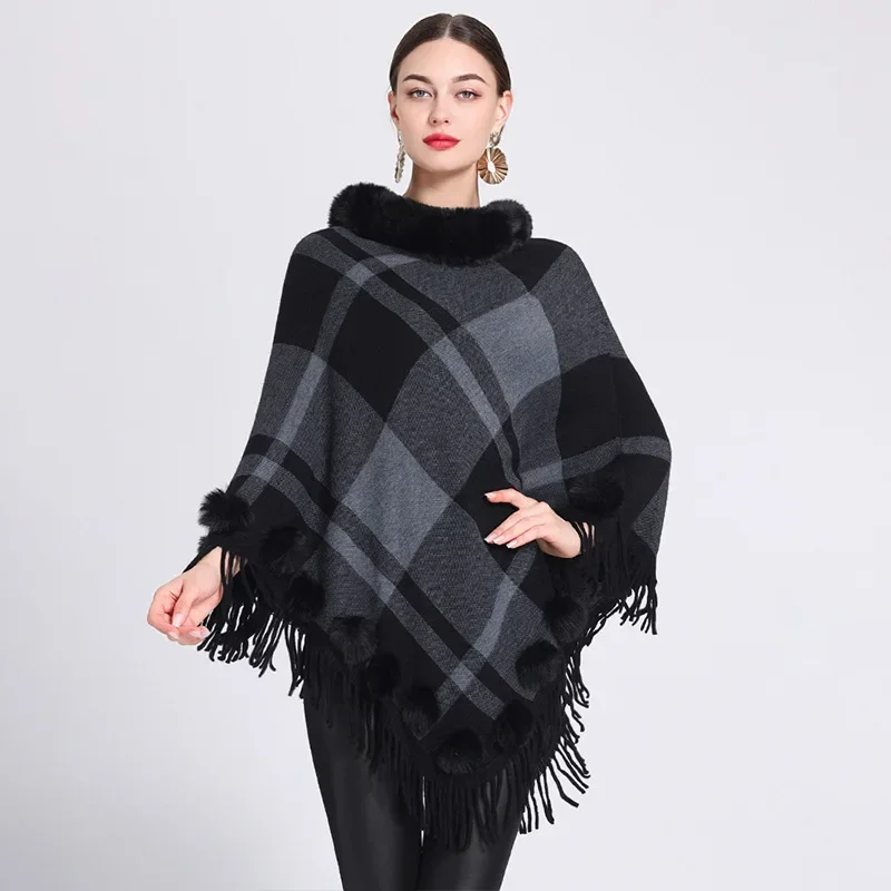 Women Winter  Loose Striped Plaid Poncho Capes Tassel Cloak Faux Fur Ball Knitted Long Triangle Streetwear Pullover Pompon Coat