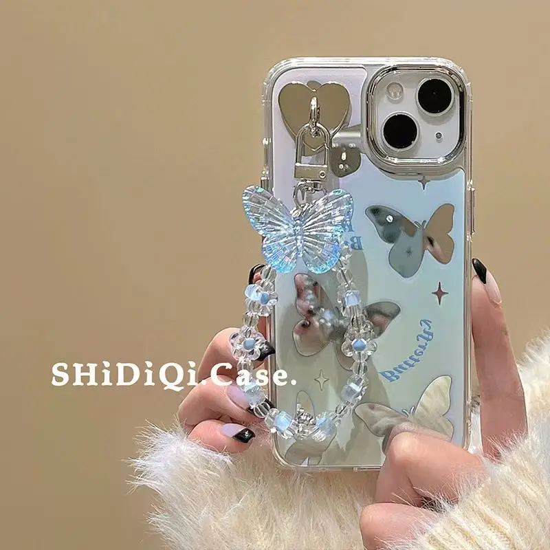 Korean Butterfly Mirror Mobile Phone Case for iPhone 14 Pro Max 14 13 12 11 with Crystal Chain Rear Cover for Girls