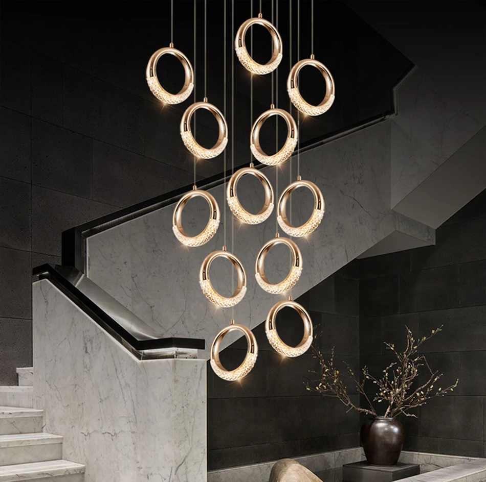 Modern Luxury Gold Chandelier for Staircase Long Crystal Lamp Large Living Room Decor Hanging Light Fixture
