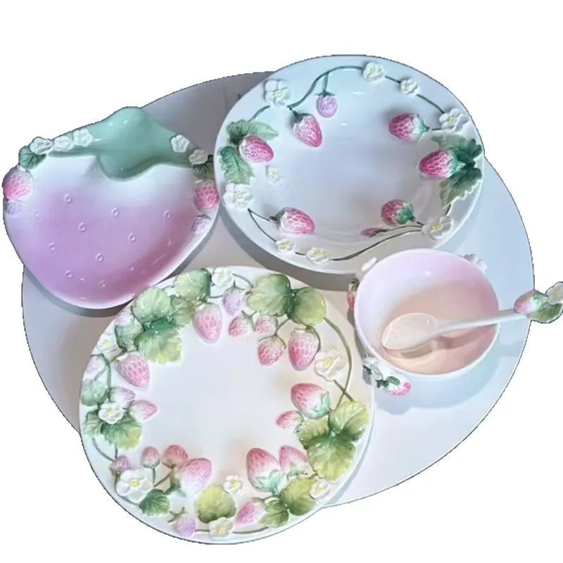 

Strawberry Plate Tableware Pink Girl Heart Household Ceramic Bowl Deep Plate Breakfast Western Pasta Dessert Cake