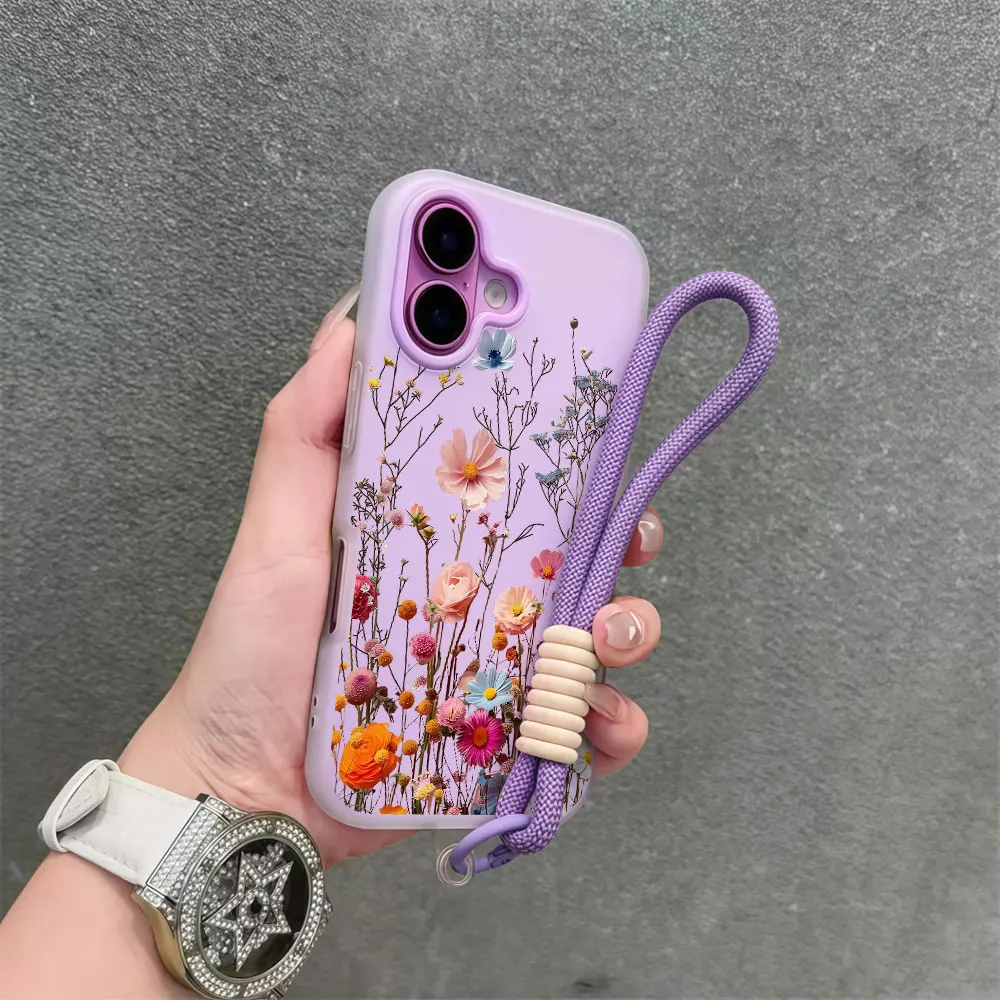 Lanyard Colorful Floral Phone Case For Samsung Galaxy S26 S25 S21 S24 S23 Ultra Plus A56 A37 A36 A54 Wrist Strap Lanyard Cover