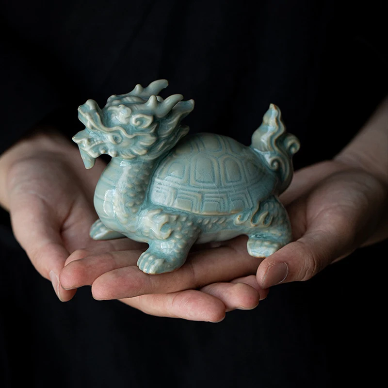 Celadon Dragon Turtle Statue, Feng Shui Wealth  Figurine,Lucky Mythical Beast Ornament for Office Desk, Home Decor Tea Pet Gift