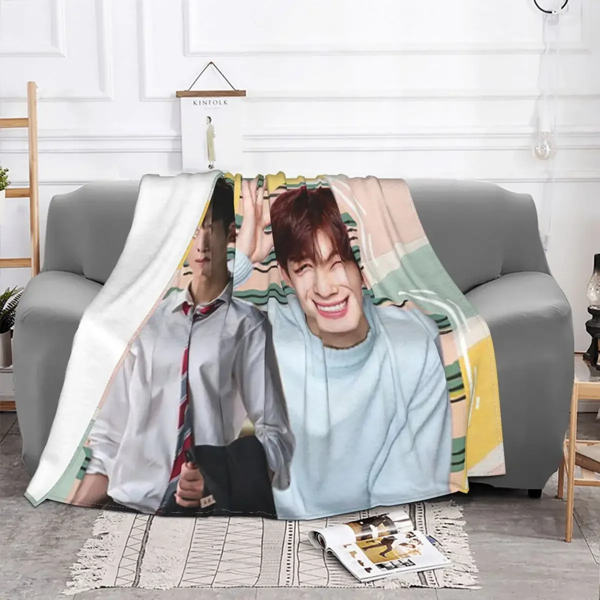

Cha Eunwoo Plaid Baby Blankets Flannel Print Collage Multifunction Superstar Lightweight Throw for Bed Car Bedding Throws