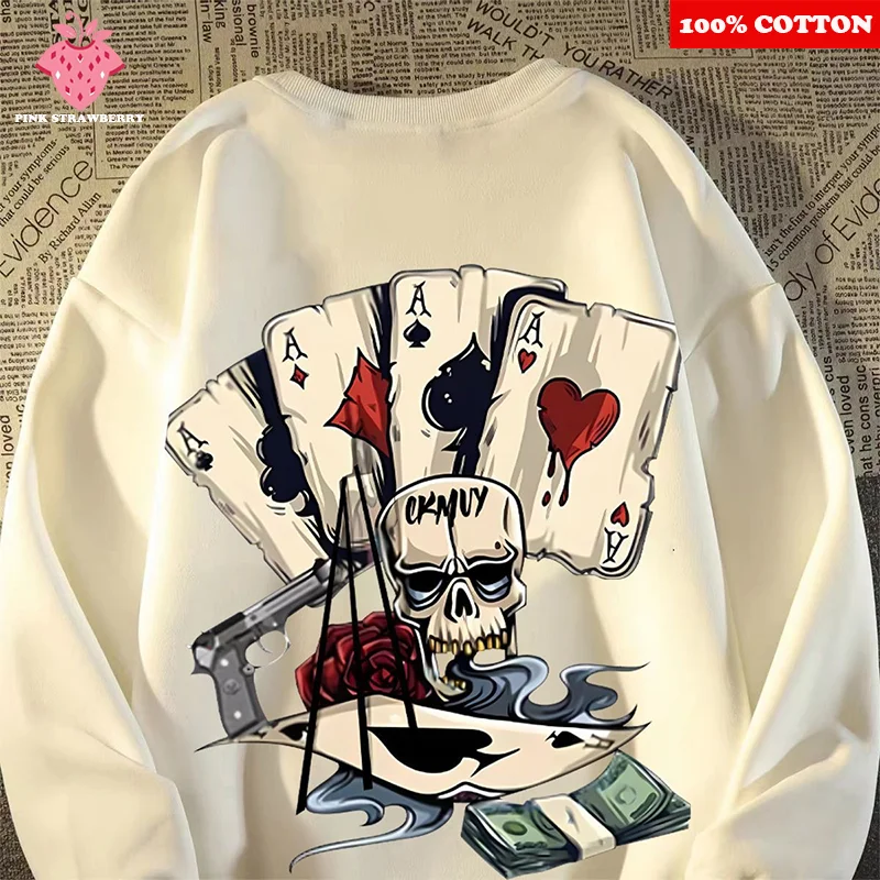 

American Skeleton Print T-shirt Men Autumn 2025 New 100% Cotton Oversize O-neck Casual Long sleeves T-shirt Top Y2k Man clothing
