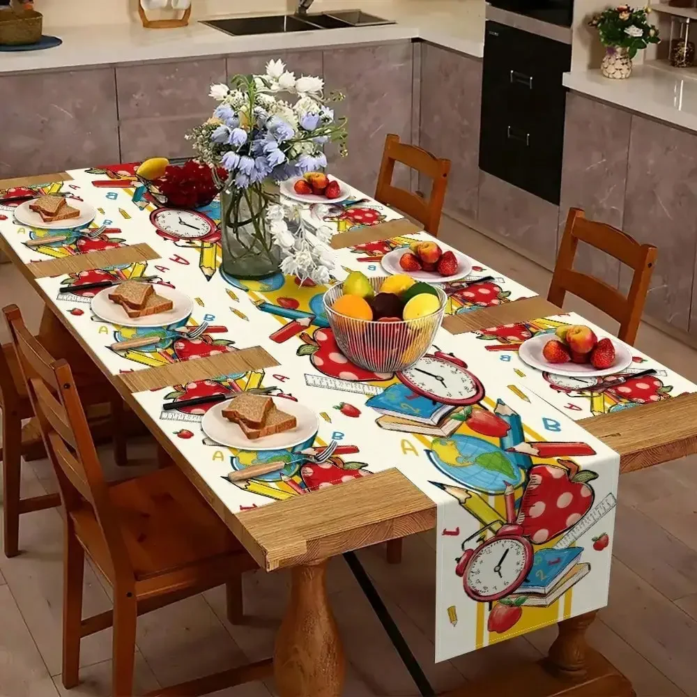 1/4/5/6/7pcs  Table Runner and Placemats Pencil Ruler Book Back to School Table Runner, Decoration for The First Day of School Student Classroom Dining Table for Home Party