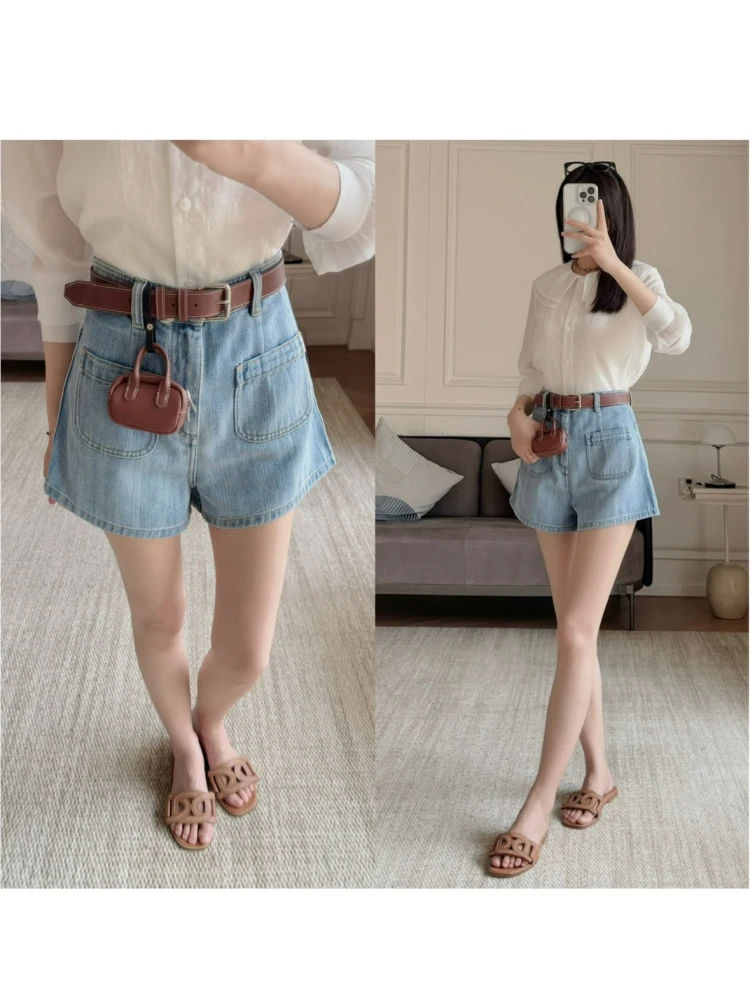 

Джинсовые шорты А-силуэта с высокой талией, двойными карманами и поясной сумкой, в стиле ретро, женские летние, из неэластичного хлопка