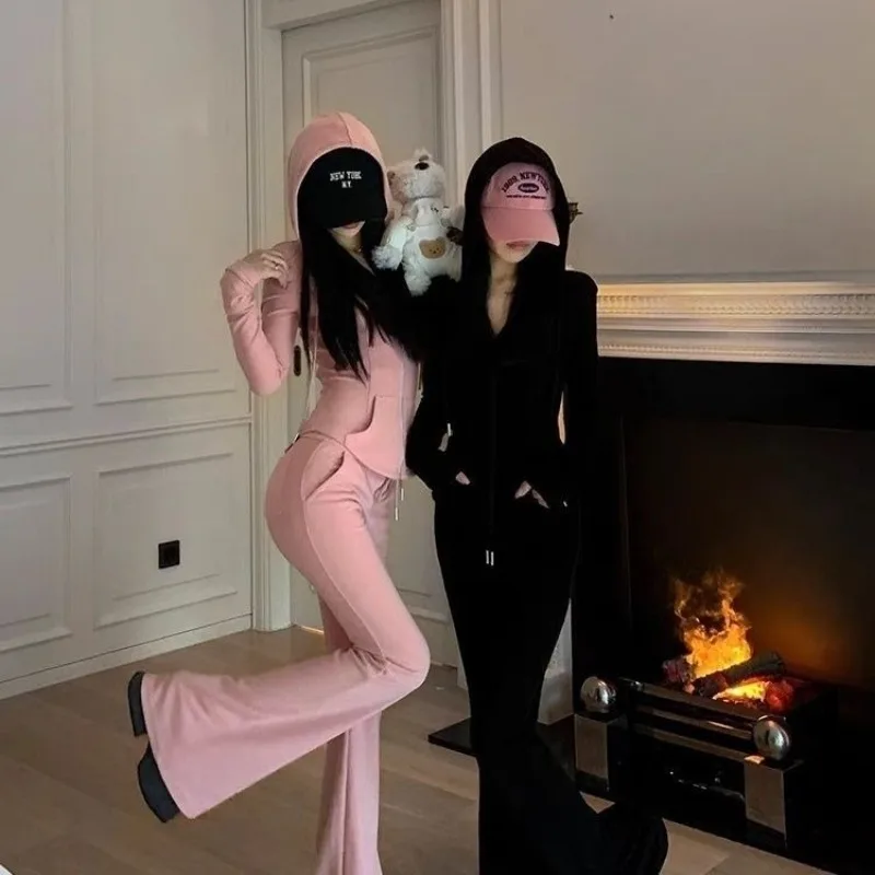 

Slimming Tie Waist Micro Flare Long Pants Women Two Piece Set Spring Summer New Arrival Hooded Cardigan Sun Protection Top Coat