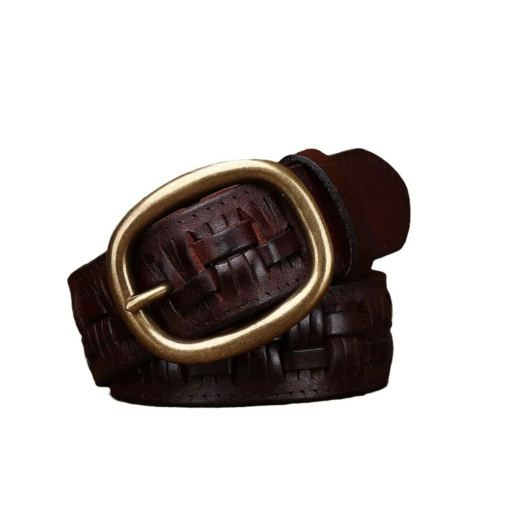 

Men's first layer cowhide braided retro belt personality non-perforated copper buckle outdoor tactical trendy casual belt