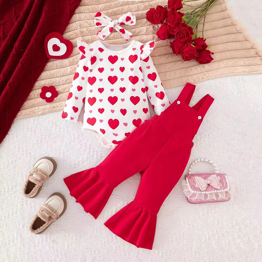 Baby Girls Valentine\'s Day Clothes Set 0-2 Y Heart Printed Bodysuit+Red Overalls+ Headband 3Pcs Toddler Girls Outfit