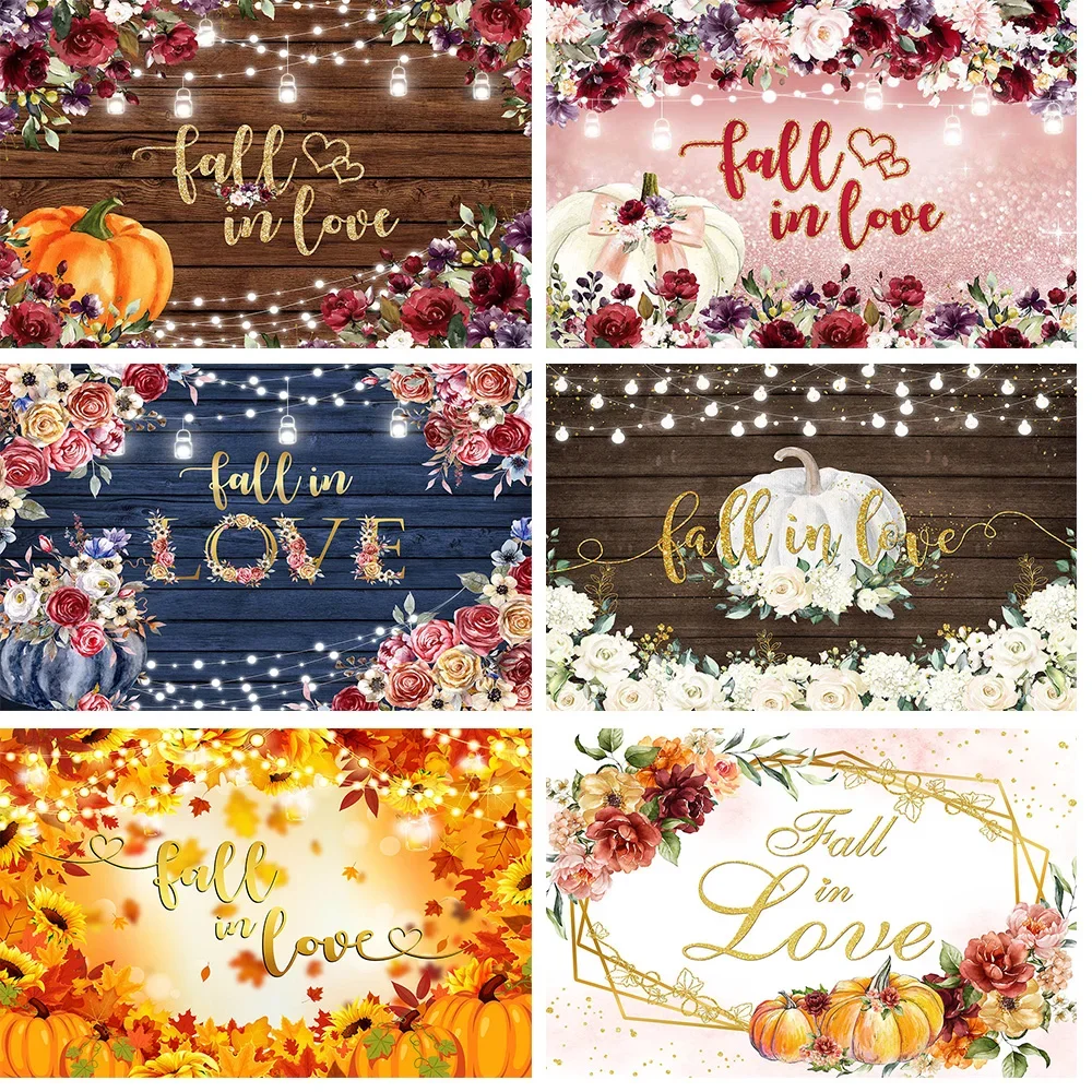 Wedding Photography Background Autumn Pumpkin Flower Light Fall in Love Backdrop Bride Shower Girl Adult Studio Photobooth Prop