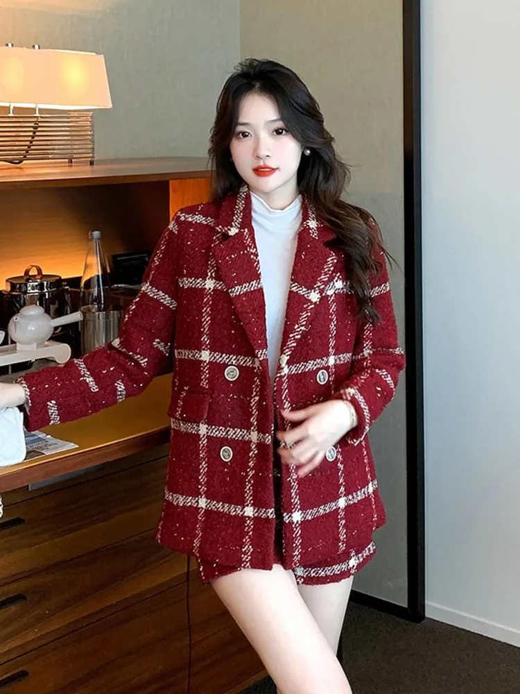 Luxury Women Winter Autumn 2 Piece Set Tweed Plaid Coat Lapel Long Sleeve Double Breasted Jackets + High Waist Shorts Pants Suit