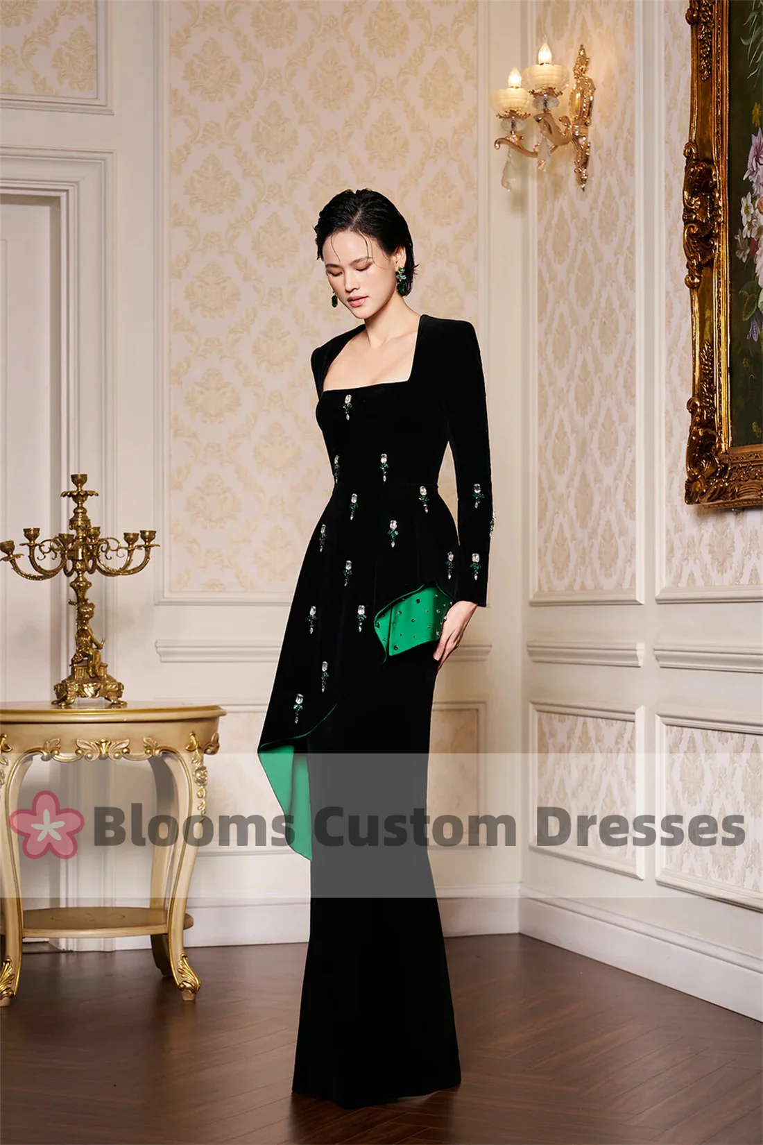 Blooms Customized Green Beadings Black Velvet Evening Dresses Ruched Floor-Length Elegant Women Formal Gown Wedding Prom Dress