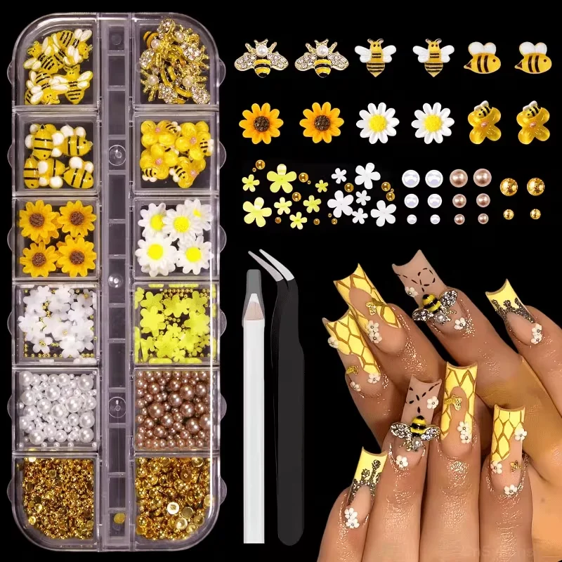 12grids Bee Sunflower Themed Nail Art Charms Set, 3D Bee Daisy Rhinestone Mix with Tweezers + Dotting Pen, Spring Summer Fresh F