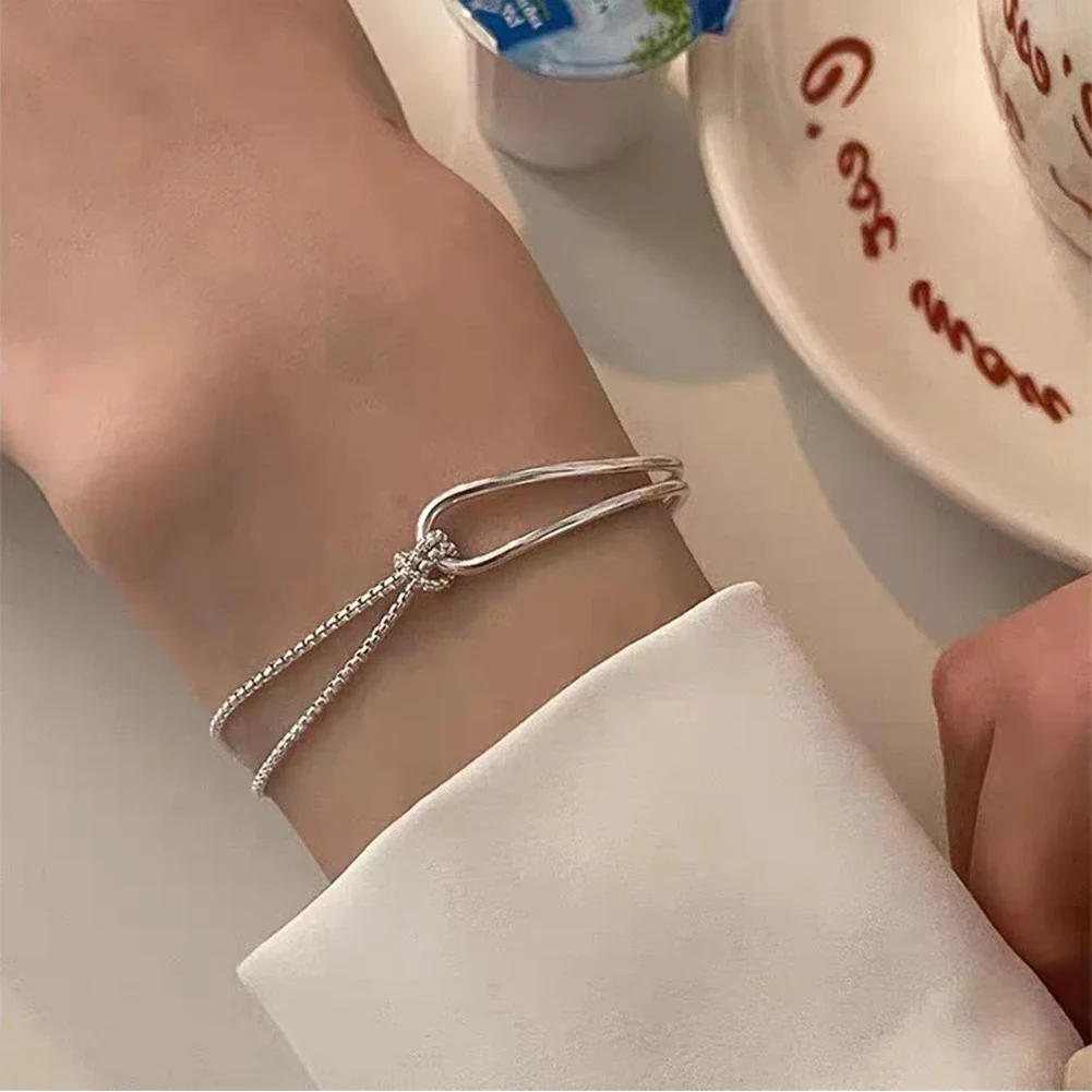 Temperamental Versatile Silvery Plated Knotted Bracelet Half Bracelet Half Chain Alloy Double Layer Bracelet Hand Jewelry