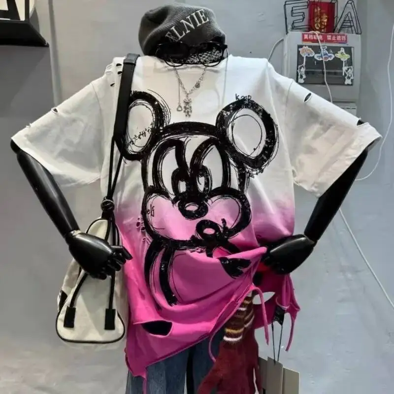 

Summer New Popular Tie-Dye Oversized Heavy Craft Beads Cartoon Mickey Tops Short Sleeved Tshirt Kawaii Clothes Pullovers