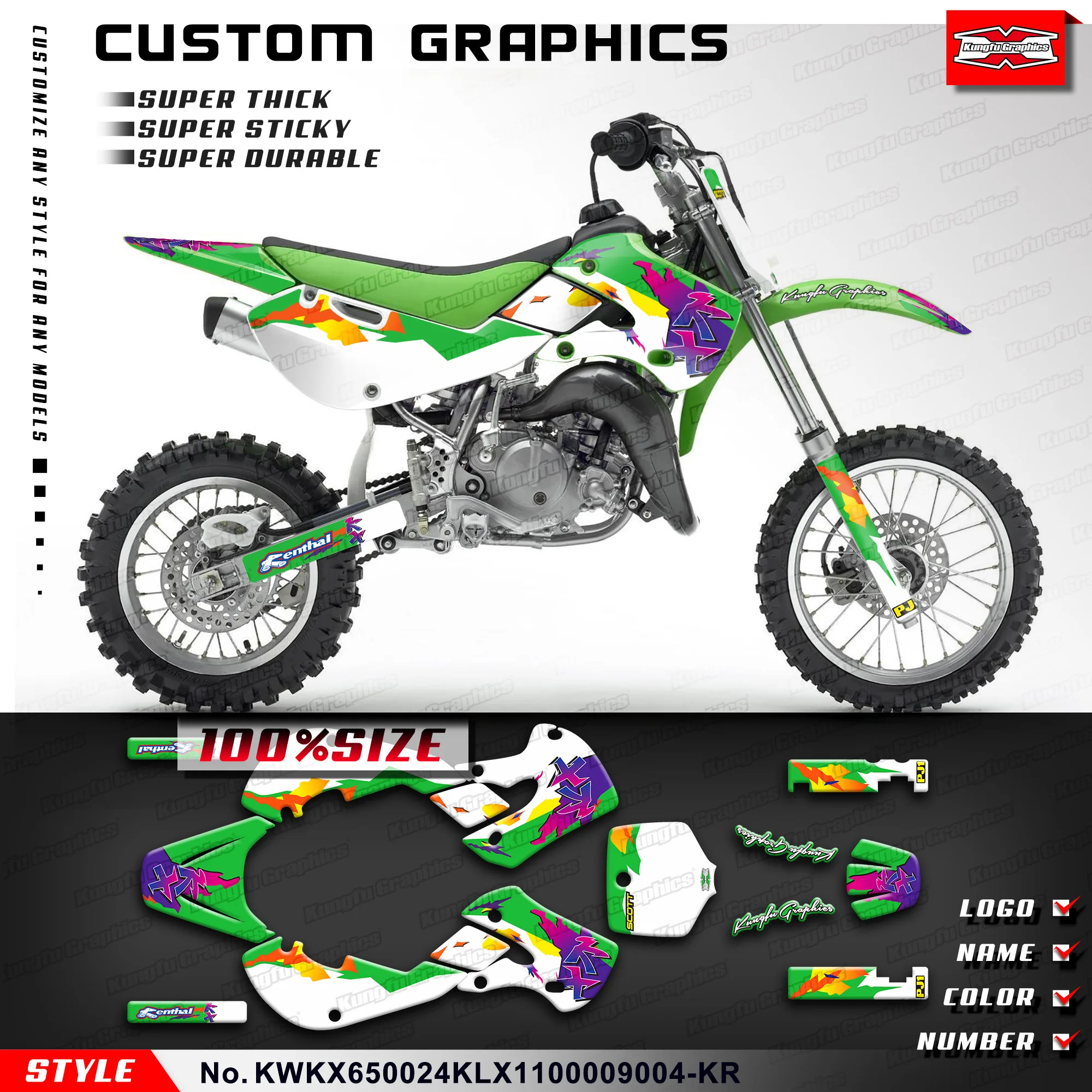 KUNGFU GRAPHICS Sticker Sheet Motorcycle Decals for KAWASAKI KX65 2000-2024 & KLX110 2000-2009,KWKX650024KLX1100009004-KR