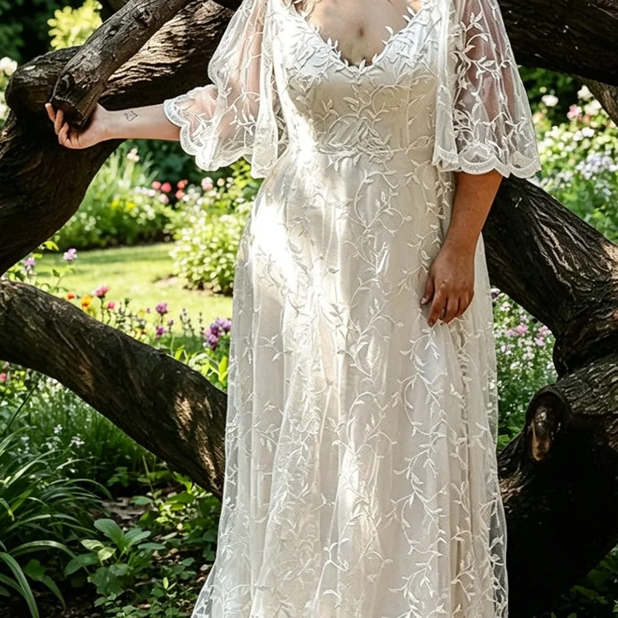 Classic V-Neck Applique Half Sleeve Plus Size Straight Bride Wedding Dresses Bridal Gowns Customized