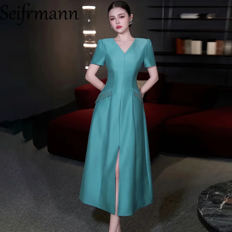 

Seifrmann 2026, весеннее женское новое модное однотонное платье с v-образным вырезом и короткими рукавами, украшенное бисером на талии и разрезом
