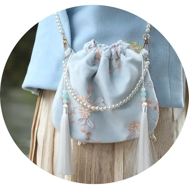 

New Pearl Hanfu Women's Crossbody Bag Ethnic Style Tassel Bag Soft Casual Fashion Handbag Square Box Shape Floral Pattern