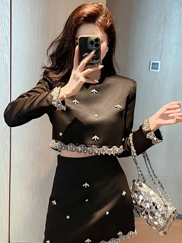 Celebrity Vintage Black Crop Tops Lady Shiny Diamond Long Sleeve Zipper Short Blouse Women's Party Banquet Clubwear Shirts Mujer