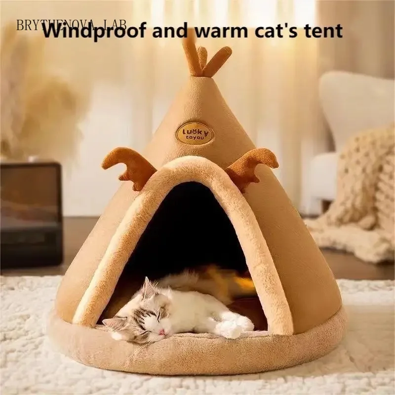 Cat House Bed Cat Nest Puppy Teepee Dog Tent with Cushion Kitten Cats Small Dogs Puppies Pet Winter Warm Plush Enclosed Bed