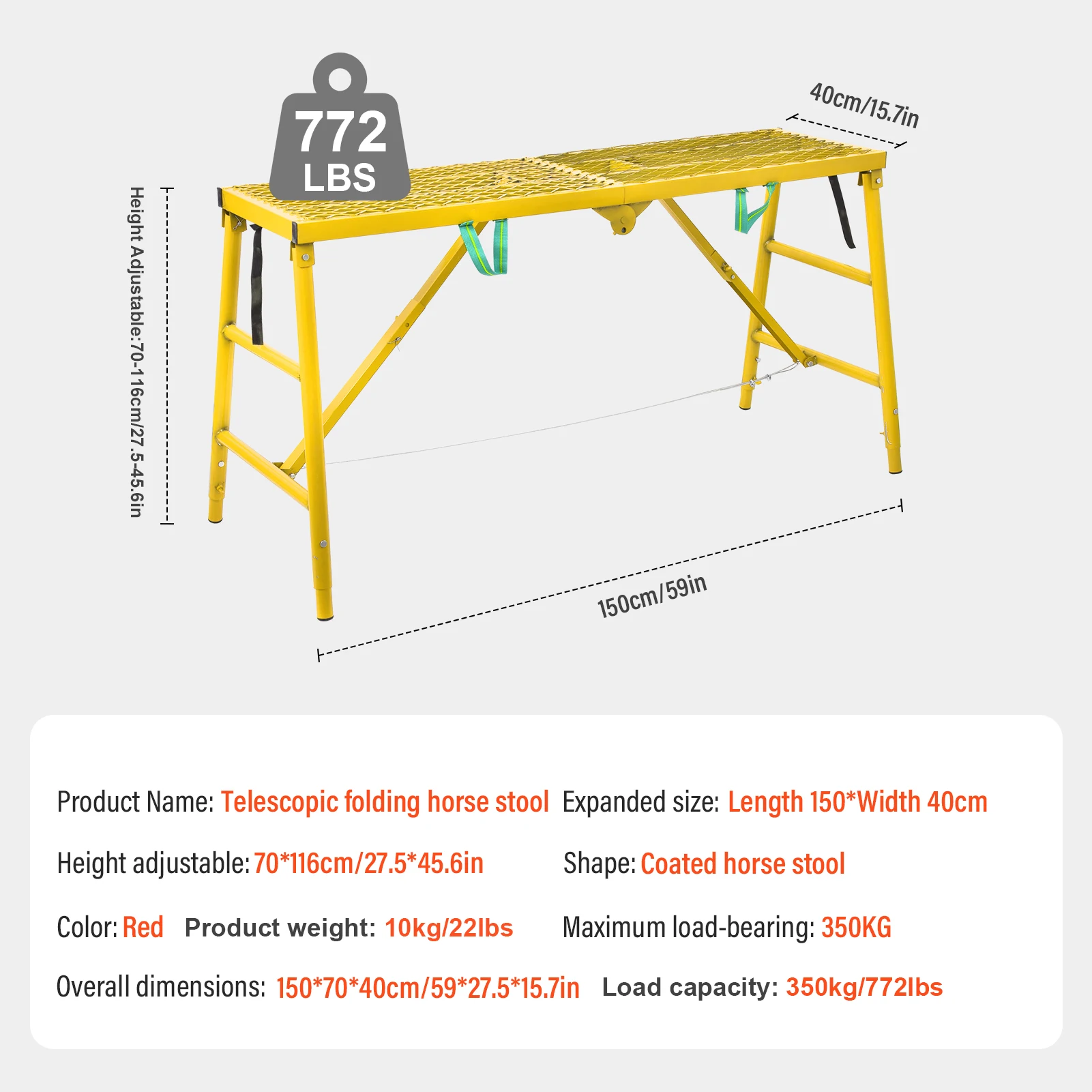 Perancah Portabel 771 Kapasitas Meja Kerja Tangga Lipat Tinggi Dapat Disesuaikan 27.6 hingga 45.7 inci Peralatan Perancah, Bangku Pengecatan