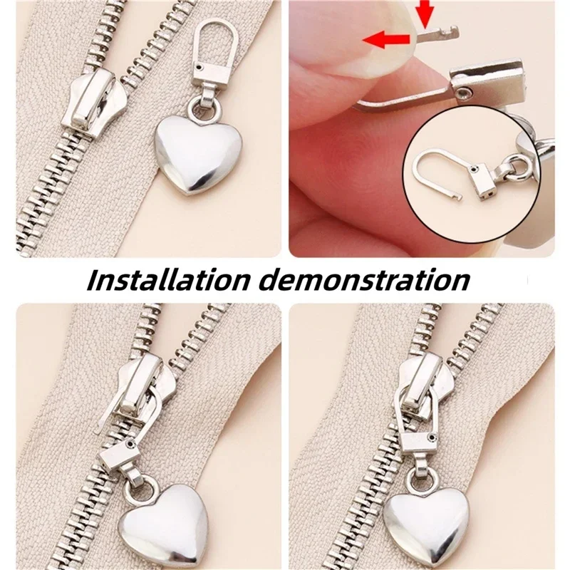 5PCS Sewing Zippers Puller Head Heart Shape Detachable Metal Zipper Slider Repair Kits For Bags Backpack Coat Zipper Pull Tab