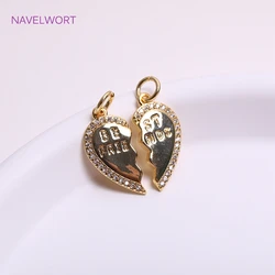 1 Pair Engraved Best Friends Charms 18mm*9mm Real Gold Plated Brass Inlaid Zircon Heart Shape Pendants For Friendship Gift