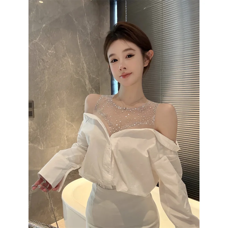 Sweet Hot Girl One-shoulder Sexy Hot Diamond Mesh High-end Splicing Foreign Off-shoulder Shirt Women's Loose Top