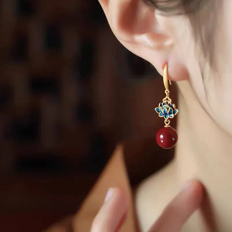 Natural Lotus Flower Earrings for Women Round Beads Chinese Style Retro Southern Red Tourmaline Earings Classical Jewelry Gifts