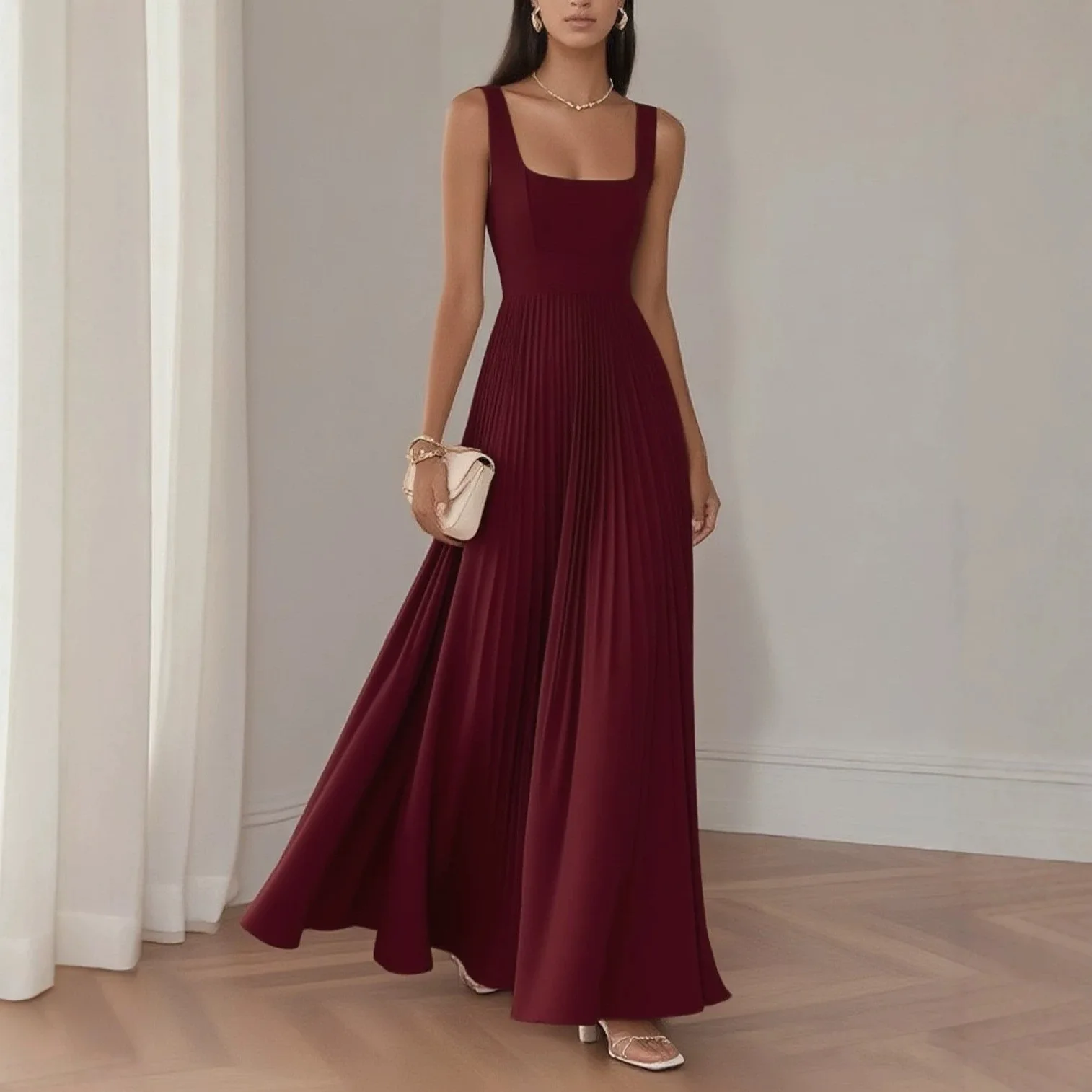 Nuovo Abito da Sera Estivo per Donne, Stile Retrò Francese con Scollo Quadrato e Spalline Sottili, Vestito da Festa