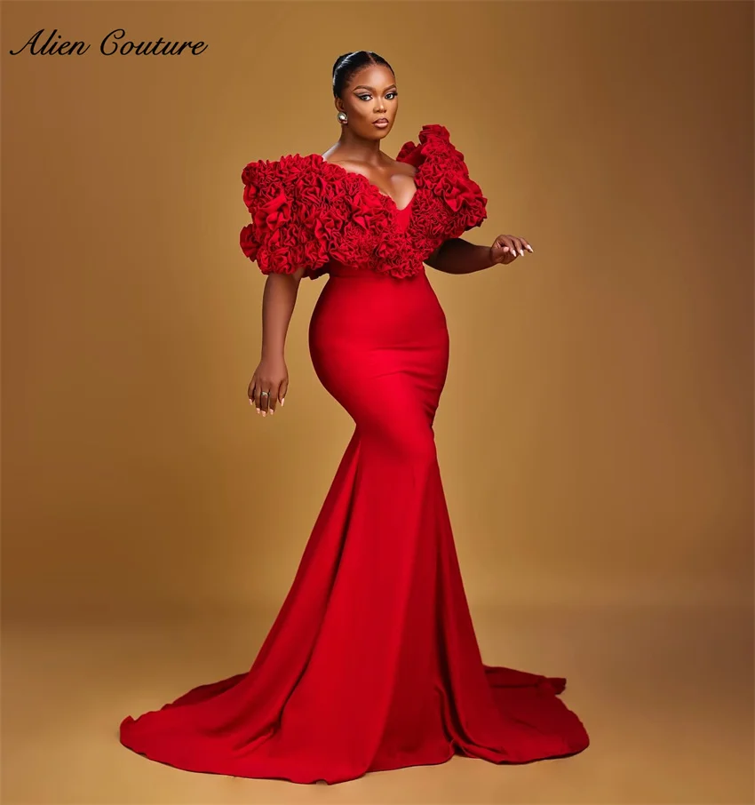 

New Design Red Evening Dress Puffy Sleeves Ruffles Lace-Up Back Prom Party Dress Vestidos Wedding Party Gown ustomized