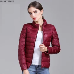 Chaqueta de plumón con capucha para mujer, abrigo cálido de pato 90%, prendas de vestir exteriores portátiles sólidas, abrigo ultraligero de plumón, gran oferta