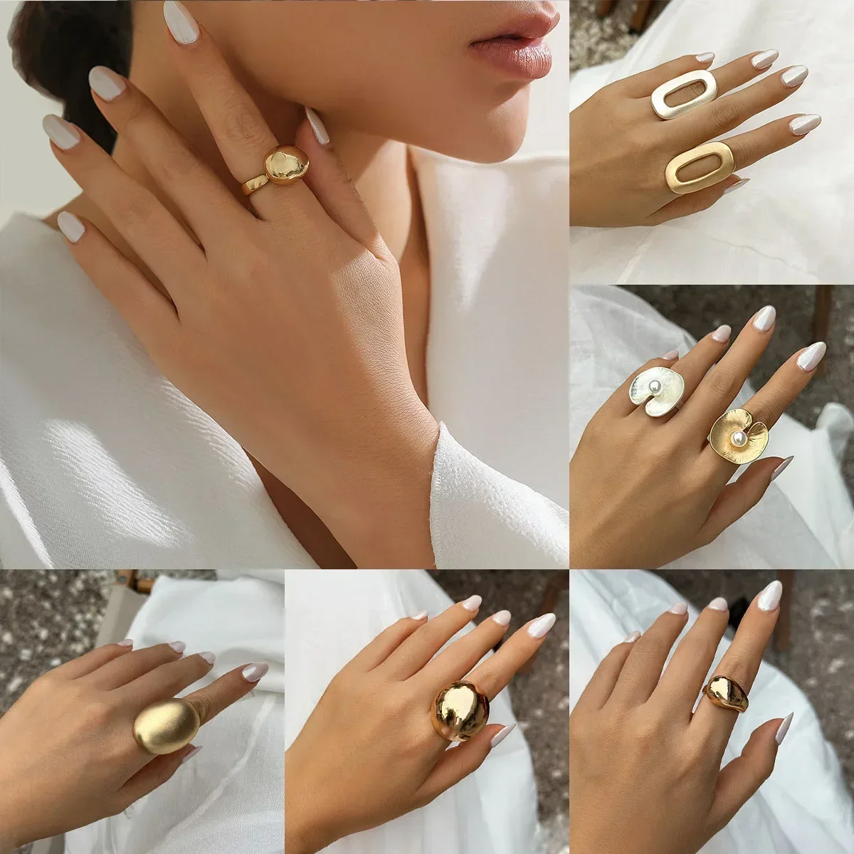 Fashion Elastic Rope Adjustable Rings for Women Men Irregular Geometric Matte Chunky Gold Color Finger Ring Charm Jewelry
