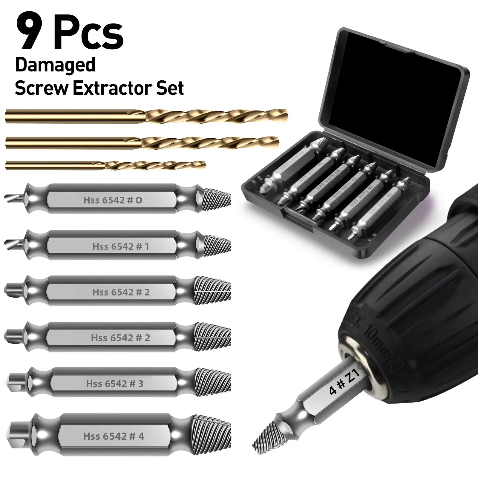 9PC Carbide Screw Extractor Set, 3-Size Drill Bit for Broken/Stripped Bolts, DIY Home/Auto Repair - Includes Speed Extractor