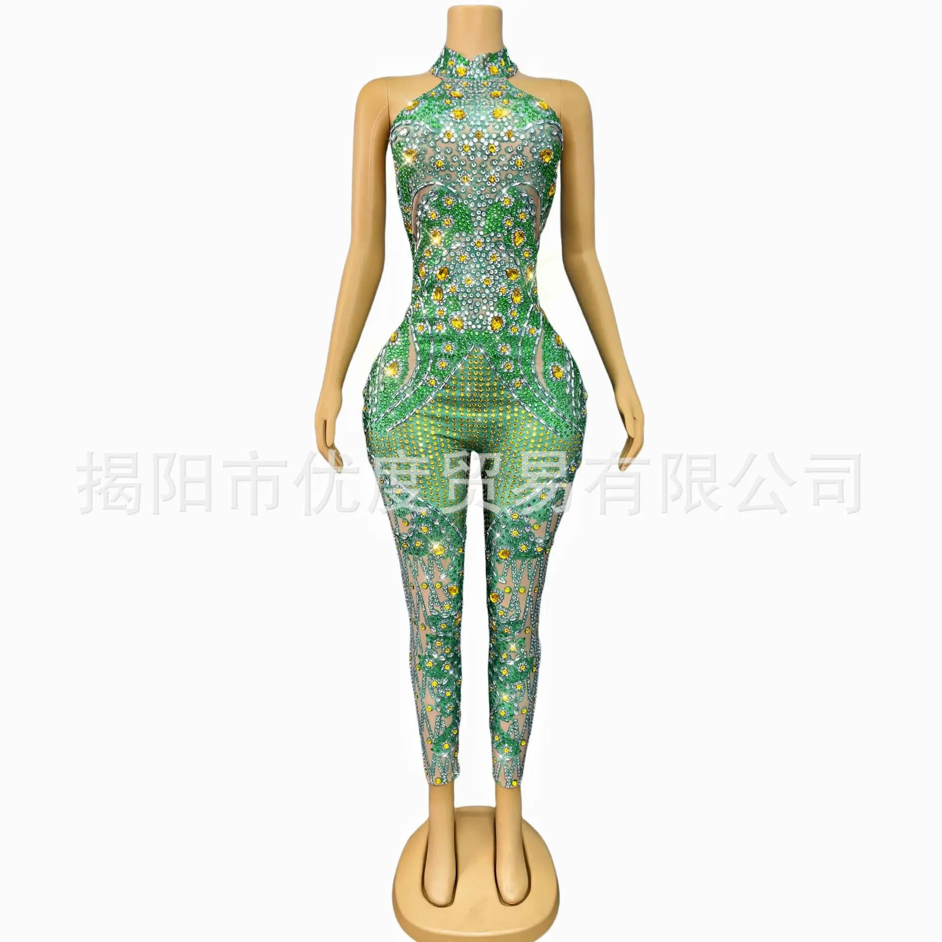 Niche Personality Neck Jumpsuit Glam Shiny Rhinestone Female Singer Night Performance Green Oil Damen Kleider Abendkleid Elegant