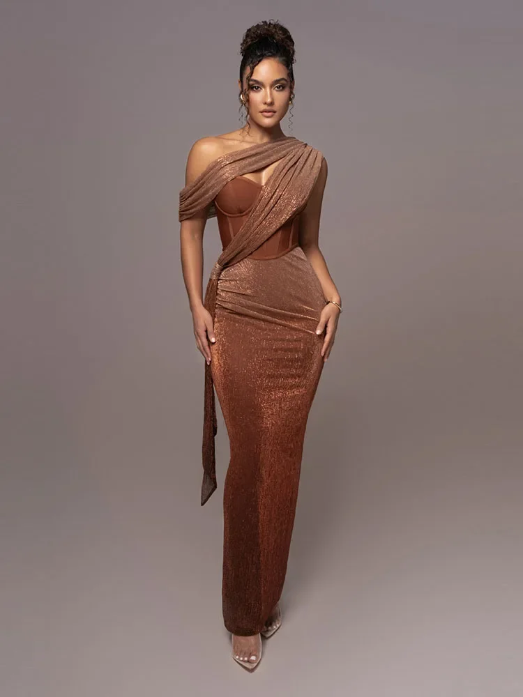 

Sexy One Shoulder Draped Glitter Long Dress Women Brown Corset Sparkly Backless Bodycon Maxi Dresses Evening Party Gowns