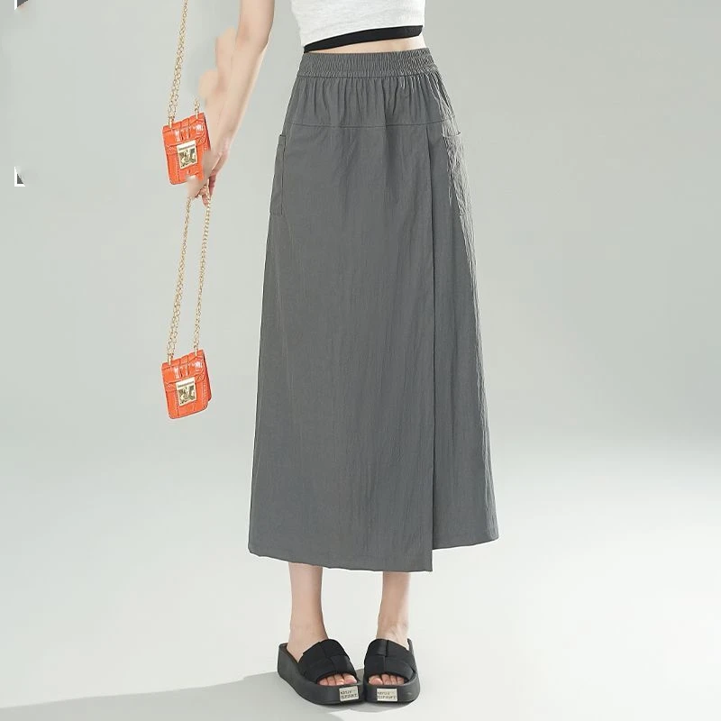 Simplicity Office Lady Summer Women's Elastic Waist Solid Pockets Split Fashion Casual Loose High Waist Wide Leg Pantskirt Suit