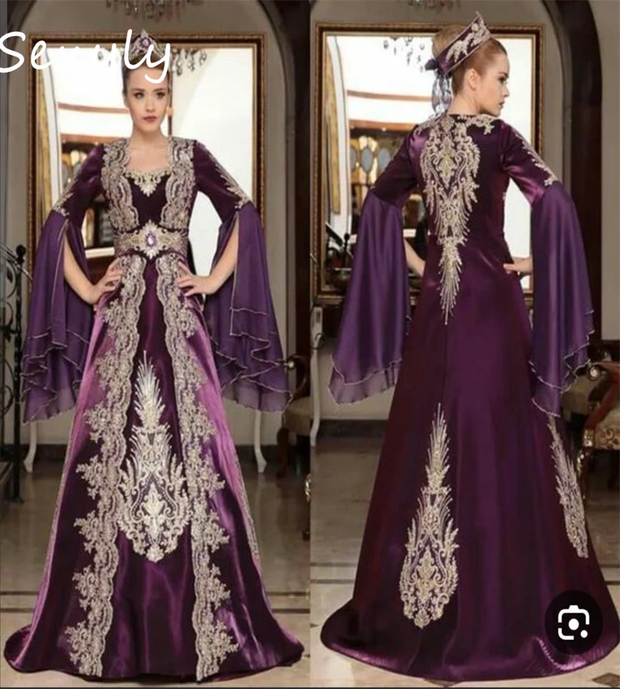 Robe de soirée marocaine à manches longues, caftan violet, robes de Rharabes musulmanes, appliques élégantes personnalisées