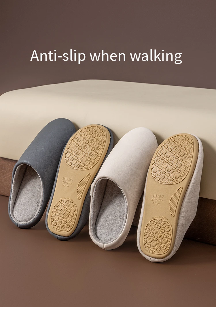 Damen-Winterhausschuhe, flauschig gefütterte Hausschuhe mit rutschfester Sohle, wasserdichte Slip-Ons in weichem Lederoptik für Komfort im Innenbereich – Detail 12