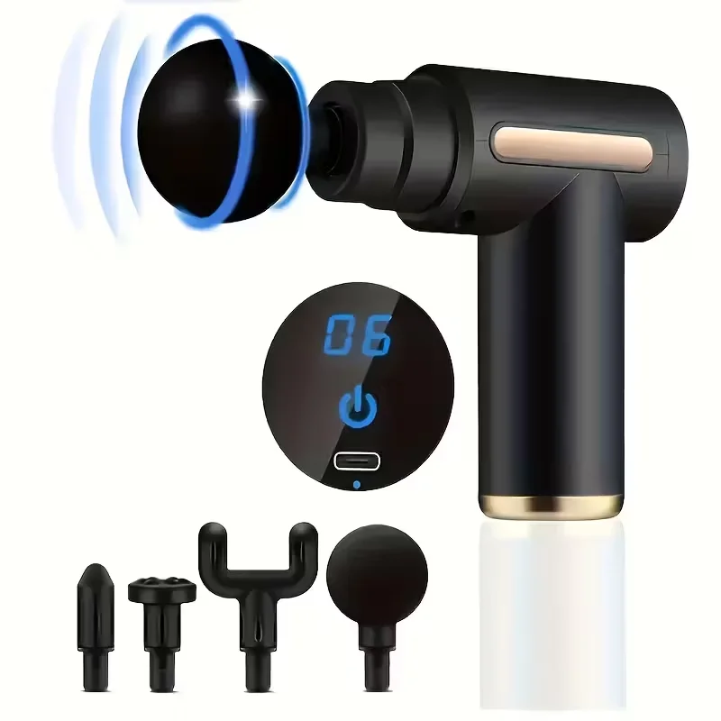 4‑Head Interchangeable Massage Gun, 6‑Speed Adjustable Modes LCD Display Low Noise USB Charging Massage Gun, Ideal Festival Gift