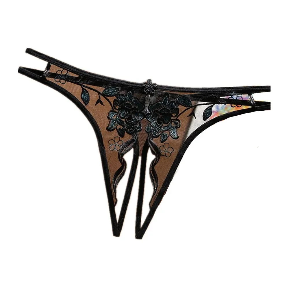 Lencería erótica con flores bordadas para mujer, entrepierna abierta, sin necesidad de quitarse, ropa interior Sexy para mujer, Tanga de encaje sin entrepierna