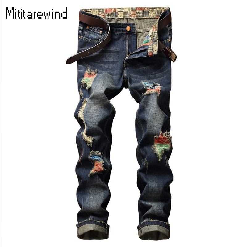 

American High Street Ripped Jeans for Men Painted Design Straight Full Length Jeans Youth Personality Pants Trend Y2k Streetwear