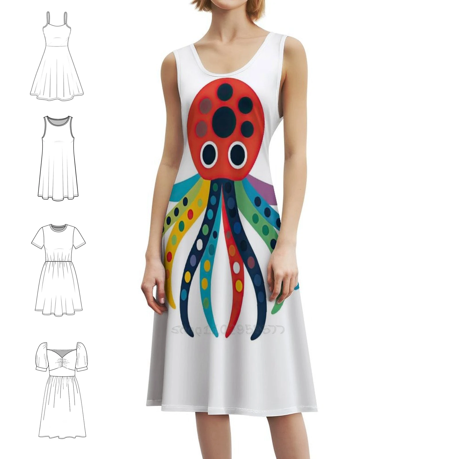 

Octopus Of A Thousand Dots Bohemian Sleeveless Dress For Women Print Beach Party Dresses Octopus Polka Dots Colorful Vibrant