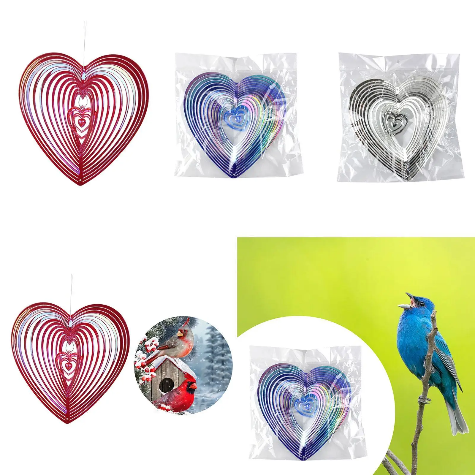 Reflective Bird Deterrent Heart Shaped Wind Spinner Outdoor Repellent Garden Decor for Balcony Yard