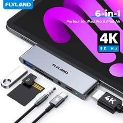 Flyland 아이패드 프로 에어용 USB 허브, 4K HDMI 호환 C 타입 어댑터, 마그네틱 거치대, 60W PD USB 3.0 동글, 6 인 1