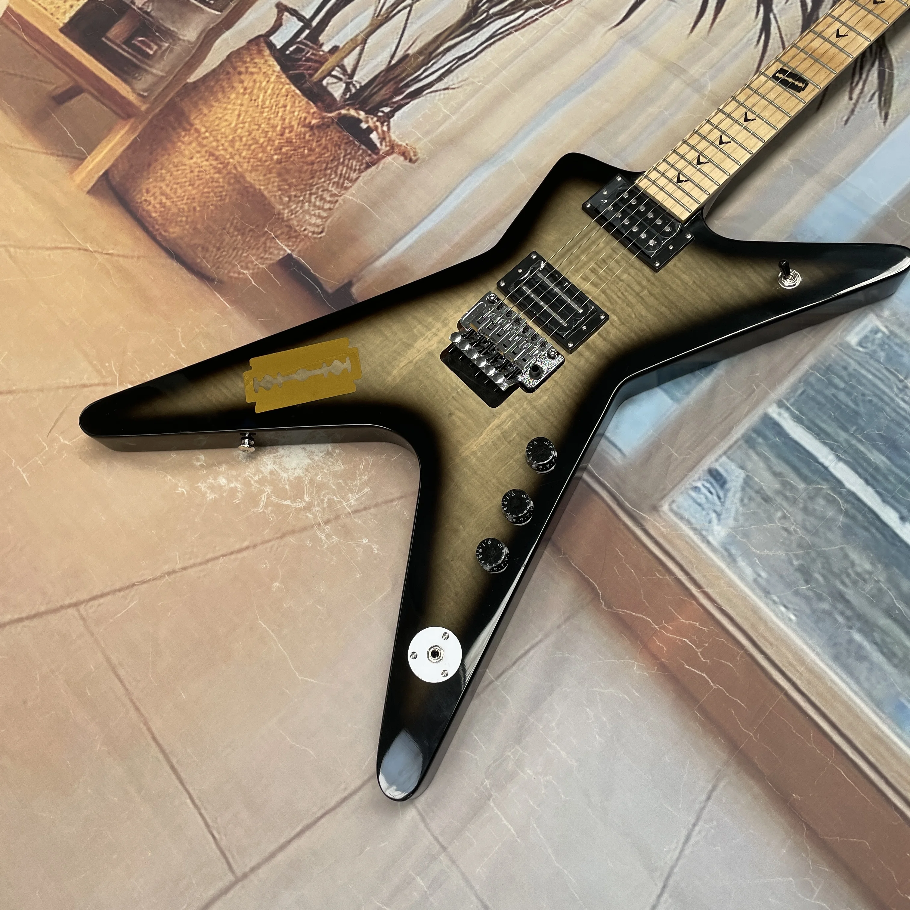 

6-string electric guitar gradient smoked finish,tiger-stripe veneer,natural maple fretboardguitars,and metal enthusiast guitarra